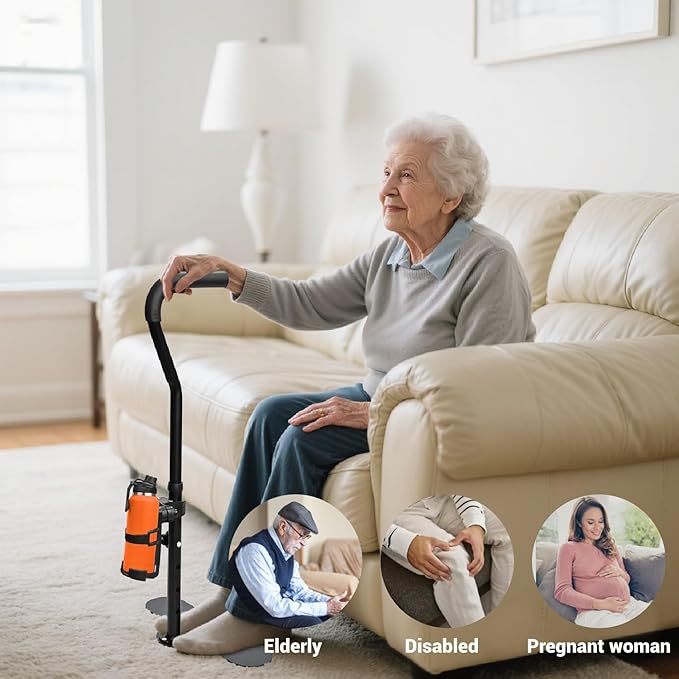 Stand Assist with Cup Holder & Safety Handle, 6-Level Adjustable Height Chair Couch Lift Aid Supports 400 lbs, Daily Mobility Rail for Sofa, Recliner, Chair, for Elderly, Disabled
