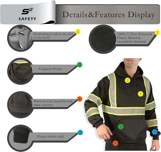 sesafety Class 3 Hi-Vis Hoodie for Men, Reflective Safety Sweatshirt, Black High Visibility Hooded Pullover