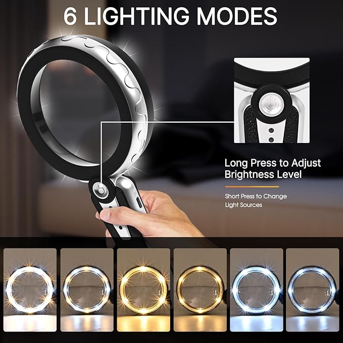 45X Magnifying Glass with Light, 1200mAh USB Rechargeable, 6 Lighted Modes, Large Handheld Magnifier for Low Vision Seniors with Macular Degeneration, Reading, Jewelry, Coins - Black