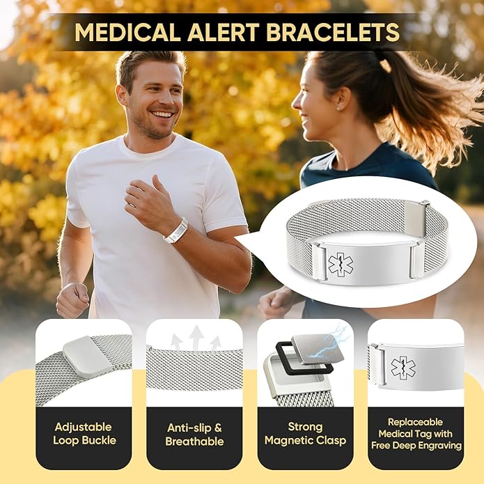 VNOX Medical Alert Id Bracelet for Men Women, Custom Engraving Adjustable Stainless Steel Customizable Mesh Emergency Survival Medic Bracelets Wristband Loop Band with Replacement Tag