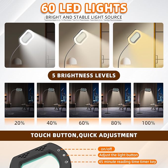 Magnifying Glass with Light and Stand with 10X Rectangle Ultra-Clear Glass Magnifying Lens, Magnifying Glass Table Lamp for Close Work, Reading, Sewing, Crafts, Flexible 3in1 Floor Lamp