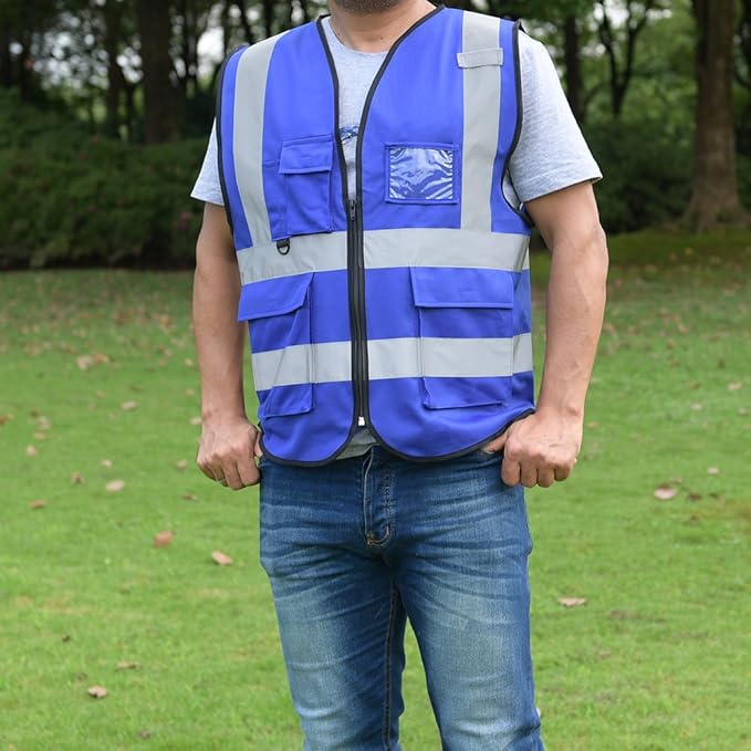 zojo High Visibility Safety Vests With Pockets, Wholesale Reflective Vest for Outdoor Works, Cycling, Jogging, Walking,Sports - Fits for Men and Women (Pack of 10, XL-Blue)