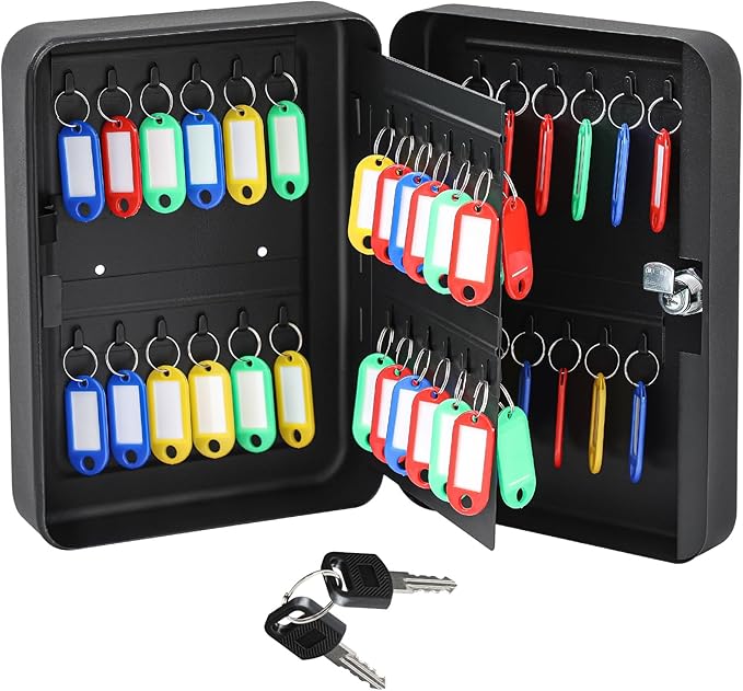 Ripeng 48-Keys Key Lock Box Wall Mount Steel Key Cabinet Lock Box Security Holder with Tags and Hooks Organizer Wall Safe Storage for Car Office Hotel House Rental Business, Black
