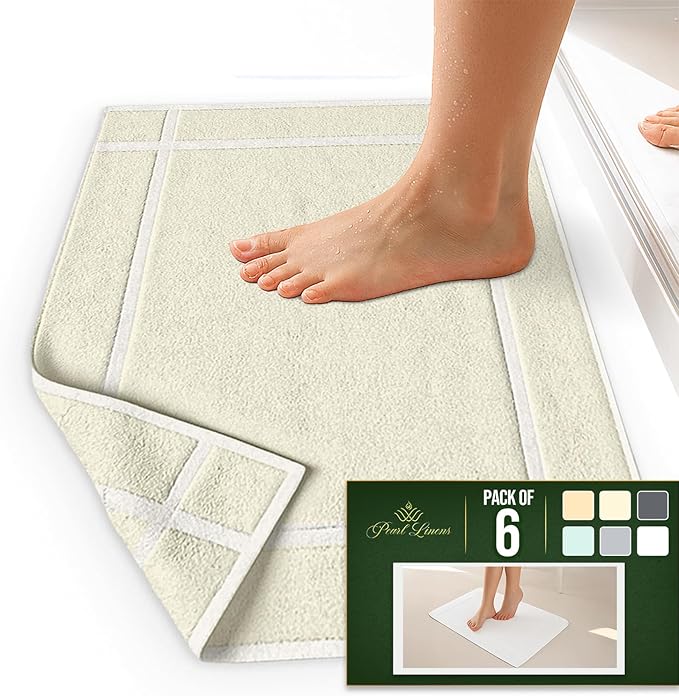 Pearl Linens Pack of 6 100% Cotton Bath Mat 18x25 inches, Soft & Absorbent Quick Dry Bathroom Mat Set, Not Bathroom Rugs, After Shower Mat, Bath Tub Mat, 687 GSM, Machine Washable, Ivory