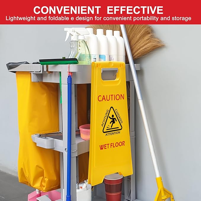 MATTHEW CLEANING 25'' Industrial Wet Floor Sign 3 Pack 2-Sided Safety A-Frame Birght Yellow Multilingual Warning Signs Commercial Caution Wet Fold-out Floor Signs For Indoors and Outdoors