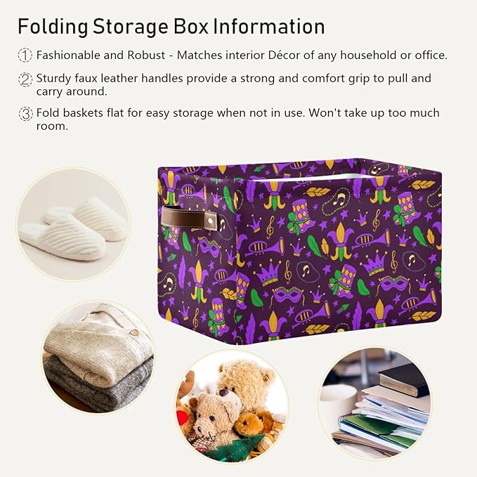 Mardi Gras Carnival Storage Basket Cube Storage Bins Organizer Bag Collapsible Closet Shelf Baskets with handle for Cloth Book 14.2×10.2×8.3 IN