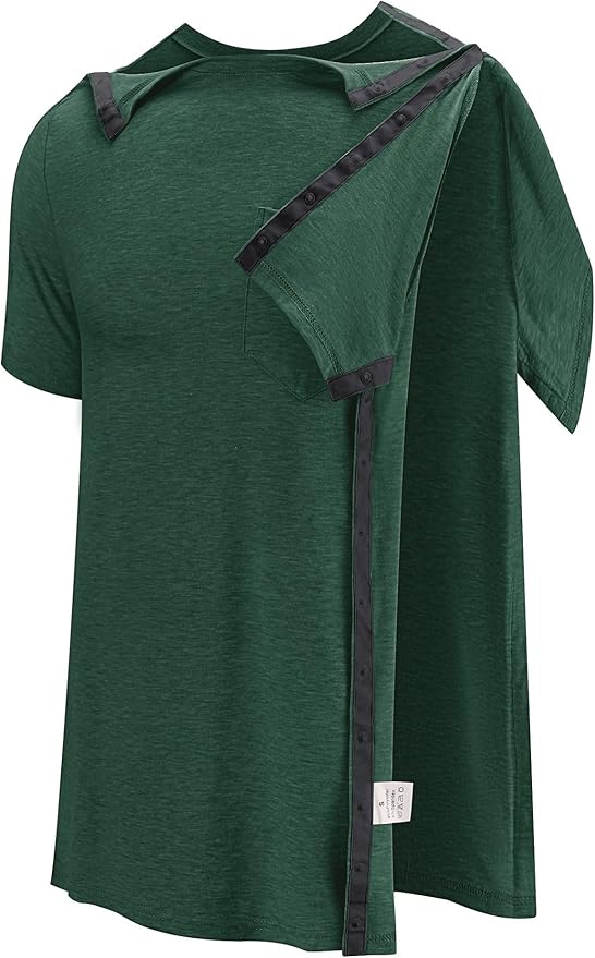 Poriff Men's Post Shoulder Surgery Recovery Shirts Full Tear Away Short Sleeve Snap Chemo Port Access Shirt