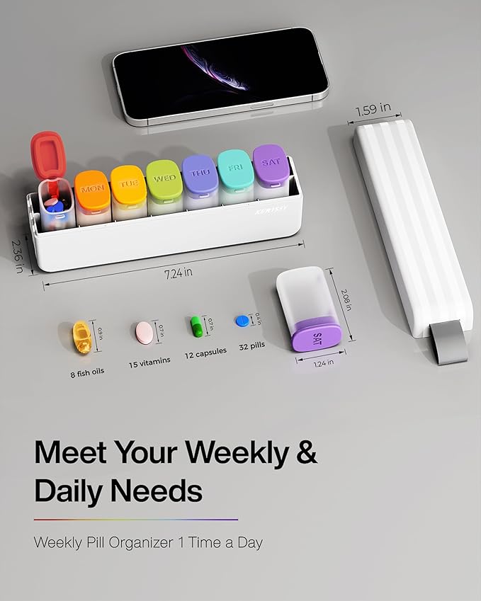 Weekly Pill Organizer 1 Time a Day - Travel Pill Box 7 Days, Large Medicine Pill Case Container for Daily Medication Vitamin Supplement Fish Oil, Portable Week Pills Organizers Holder Dispenser, White