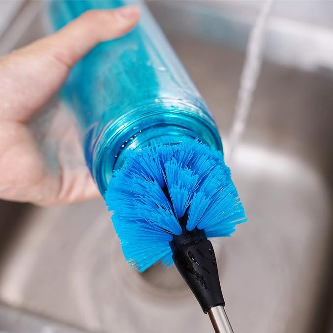 3-in-1 Stainless Steel Bottle Brush and Straw Cleaning Set, Long Handle Scrub Brush with Replaceable Head for Water Bottles, Glasswares, Mugs, Flasks, Tumblers, Vases, Round Head