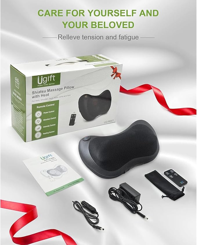Ugift Back Massager Pillow with Remote Control -Deep Tissue Neck Massager with Heat and Shiatsu Kneading for Shoulder Leg Foot Body Pain Relief -Massage Pillow for Home Car Office Gifts for Women/Men