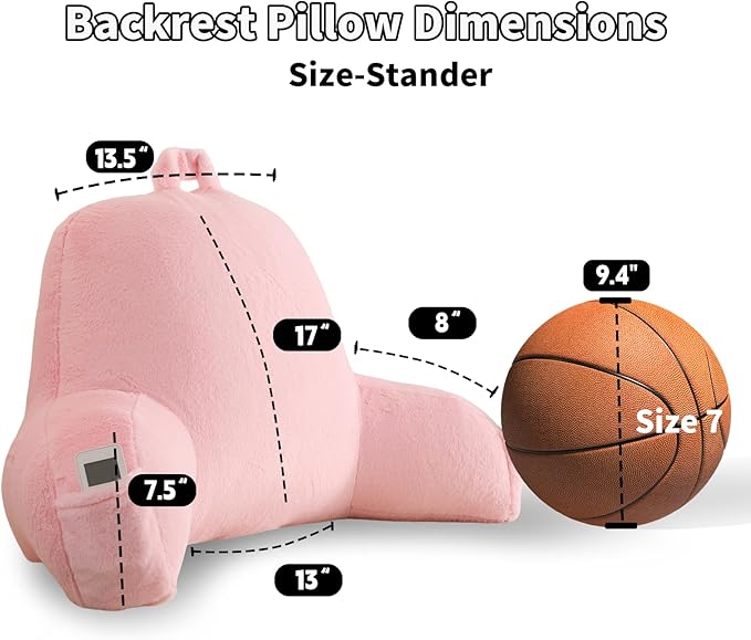 Reading Pillow for Sitting in Bed, Large Backrest Reading Pillow with Arm Rest,Back-Rest Support Cushion for Sit Up on Couch, Sofa, and Floor, Dorm Essentials (Pink Faux Fur, Standard(17"))