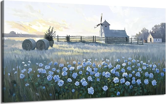 amatop Rustic Farmhouse Canvas Wall Art | Blue Rose & Windmill Sunset Landscape – Serene Countryside Botanical Decor for Living Room, Bedroom & Office (48x24 Inch)