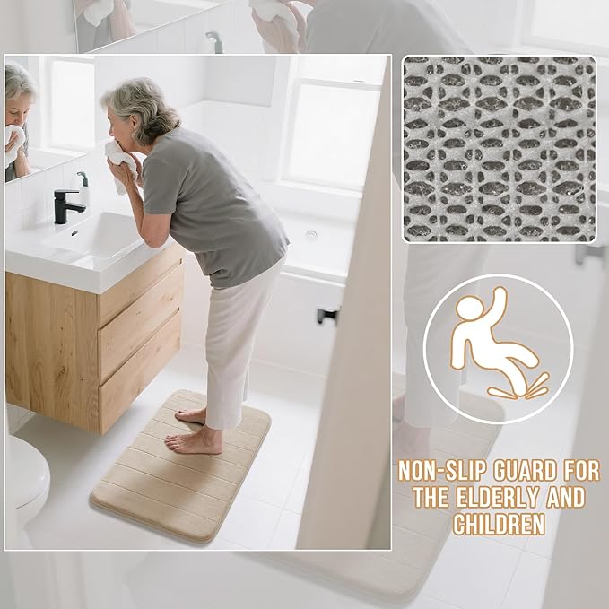 Yimobra Memory Foam Bath Mat, Super Soft Absorbent Bathroom Rug Non Slip, Quick Dry, Machine Washable Floor Carpet for Tub Shower, Home Decor Accessories, 24x17, Beige