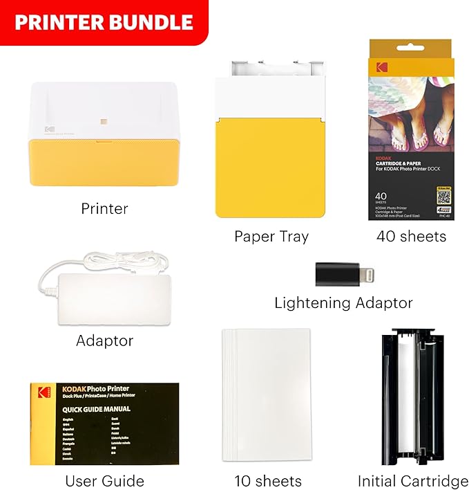 KODAK Dock Plus 4PASS Instant Photo Printer, 4x6” Portable Picture Printer, Bluetooth & Dock 2-in-1 Home and Gift Printer for iPhone & Android, 50 Sheets Bundle