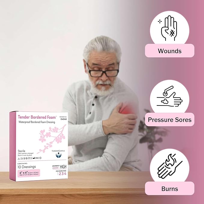 Waterproof Bordered Foam Dressing 6x6-10 Waterproof Bandages for Wound Care - Good for Pressure Sores, Lacerations, Burns, and More