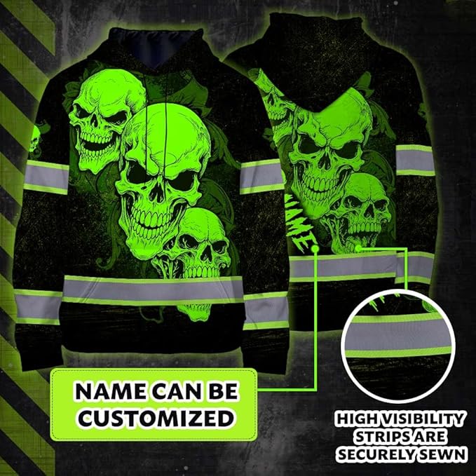 Matedecor Skull US Flag Reflective High Visibility Hoodie For Men Construction Hi Vis Safety Workwear Custom Name