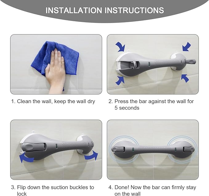 Suction Grab Bar for Shower Bathtub: Upgraded Heavy Duty Non-Slip Grip Handle with Strong Suction Cup for Bathroom Wall, Max Load 269LBS Safety Bar for Elderly Senior (Grey, 17 inches)