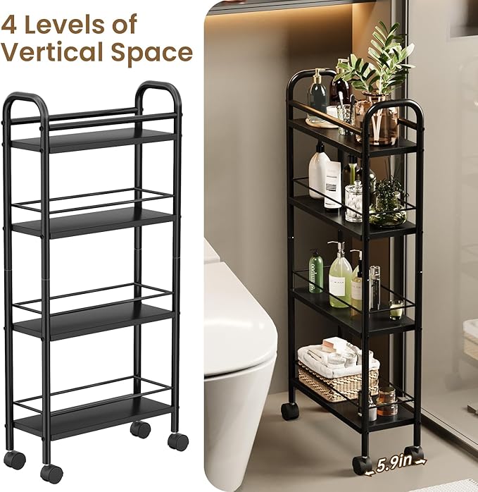Slim Storage Cart, 4-Tier Narrow Rolling Cart with Handle, 5.9 Inches Deep, Slim Bathroom Shelf for Small Spaces, Kitchen, Dining Room, Living Room, Bathroom, Laundry Room, Black