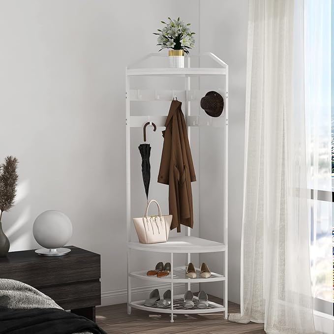 GiftGo Corner Hall Tree with Shoe Bench Entryway Coat Rack with 10 Metal Movable Hooks Freestanding Clothes Rack Shoes Shelf Organizer for Home Office Bedroom (White)