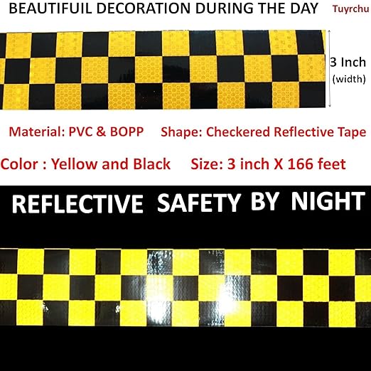 Reflective Tape Yellow Black 3 inch X 166 feet, Outdoor Waterproof Hazard Conspicuity Warning Industrial Marking Tape
