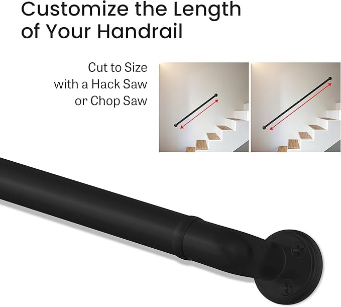 Meranti Aluminum Handrail for Stairs - ADA Compliant Wall Returns - Handrails for Indoor Stairs - Metal Handrail, Powder Coated for Outdoor Environment, DIY Handrail Kit (WHR, Black, 3' Length)