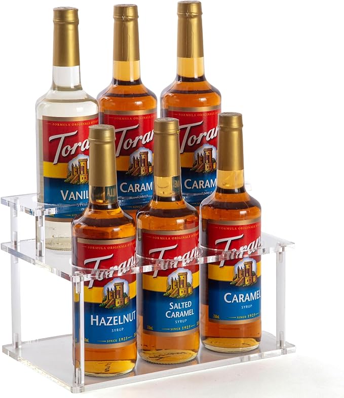 Acrylic Coffee Syrup Organizer, 2 Tier Coffee Syrup Rack (6 Bottle Capacity), Syrup Bottle Holder Stand for Coffee Bar, Kitchen Countertop Syrups, Condiments and Wine (Transparent)