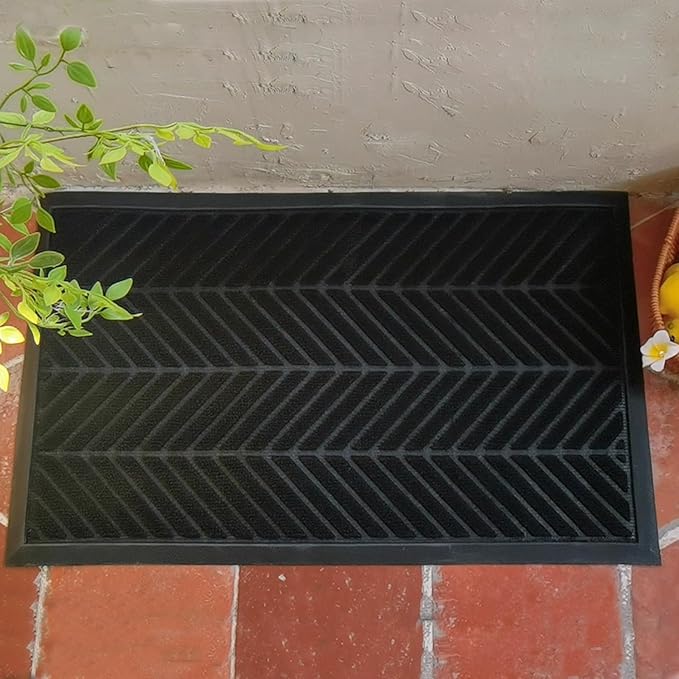 Front Door Mat 29.5"x17" Indoors Outdoors Welcome Mats, Waterproof Non-Slip Rubber Backing Heavy Duty Doormat Outside Entrance, Low Profile Entryway Rugs Floor Mat for Patio, Pattern A Black