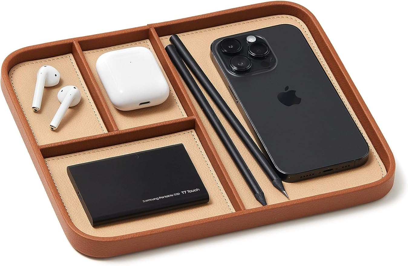 Nordik Leather Valet Tray - Sand Brown - 9.5 x 7.9 Inch Medium Vegan Leather Tray - Stylish Nightstand Organizer for Men - Modern Bedside Caddy - EDC Catchall for Key Watch Wallet Jewellery