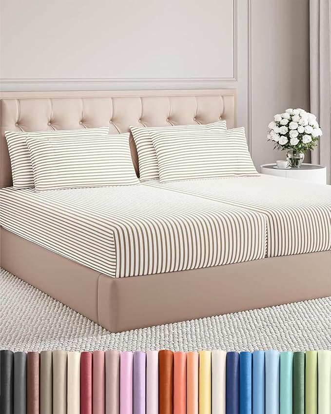 Split King 7 Piece Sheet Set - Cooling & Breathable Bed Sheets - Hotel Luxury Bed Sheets for Women, Men, Kids & Teens - Deep Pockets - Easy Fit - Soft & Wrinkle Free - Split King Beige Stripes Sheets