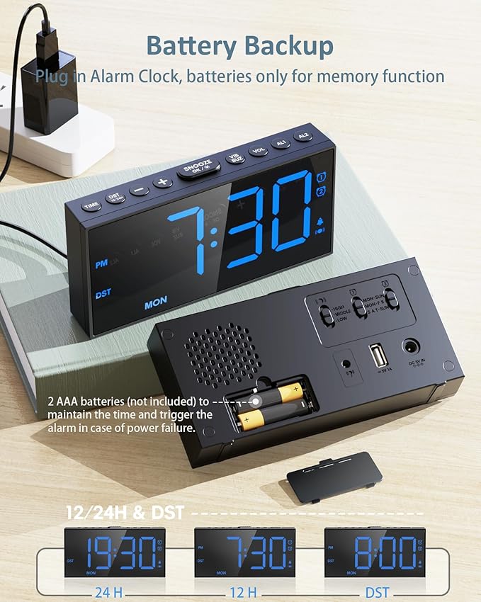 Loud Alarm Clock for Heavy Sleepers Adults,Bed Shaker Alarm Clock with 2 Alarms for Everyday/Weekday/Weekend,Dimmer,Snooze,USB Charging Port,12/24H DST,Vibrating Clock for Hard of Hearing/Teens