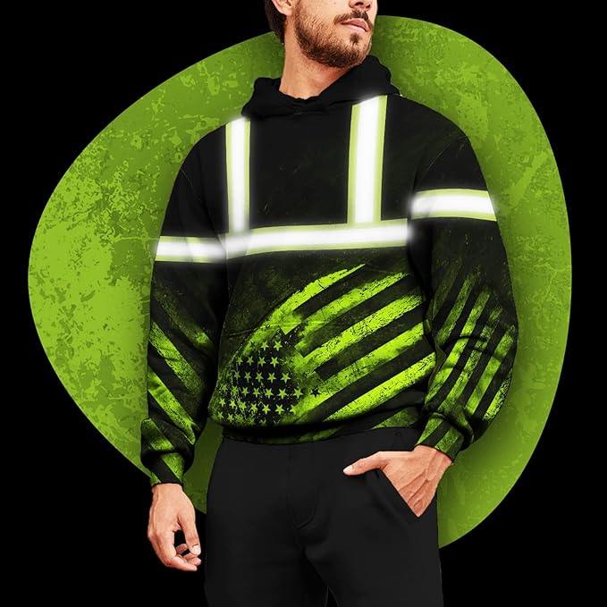 US Flag High Visibility Hoodie for Men Reflective Hoodie Safety Workwear for Worker Runner Patriotic ACC02