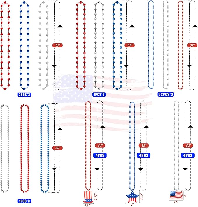 Moon Boat 120PCS 4th of July Accessories Necklaces: Blue White and Red Beads Bulk, Patriotic Party Independence Memorial Day Favors Toys Decorations