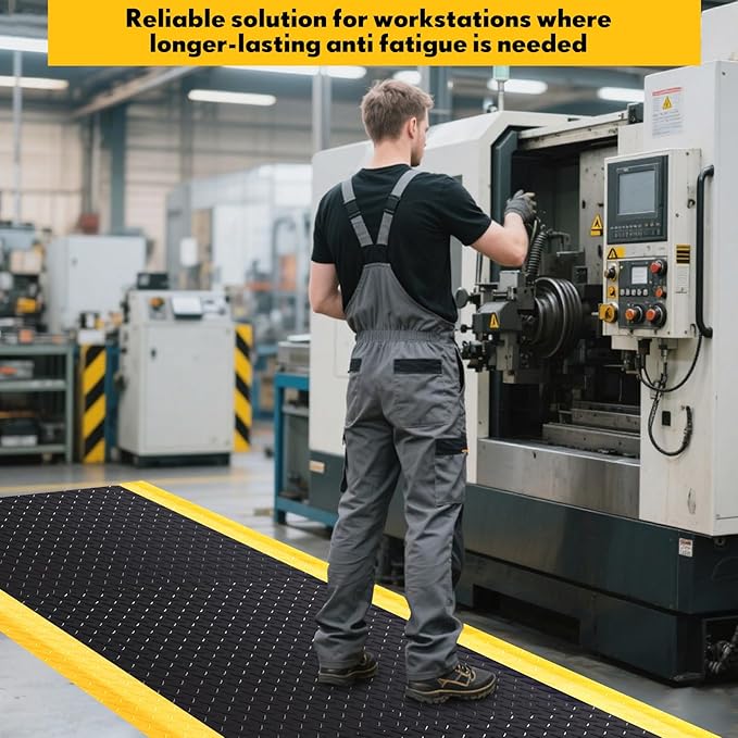 3'x12' Anti-Fatigue Mat ESD Conductive Pad with Ground Wire, Ergonomic Standing Floor Mat Heavy-Duty Diamond Plate Surface for Commercial&Industrial Work, Thick 3/4” Black with Yellow Border