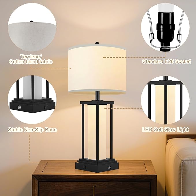 Nightstand Lamps Set of 2, Touch Lamps, 3 Color Temperatures, Stepless Dimming, Bedside Lamps with USB C+A Ports, Living Room Table Lamps, Bedroom Lamps for Nightstand(Bulbs Included) - 2 Packs