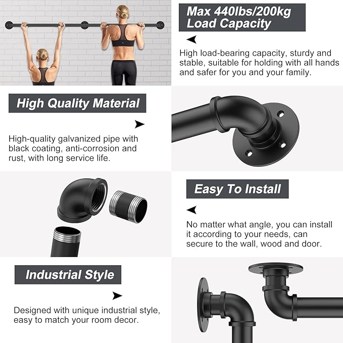 1FT Industrial Stair Railing Wall Mount Staircase Handrail φ1.3" Pipe Hand Rail for Steps Grab Bar Foot Rail Vintage Pipe Railing Black Deck Handrail for Outdoor Indoor Stairs Porch