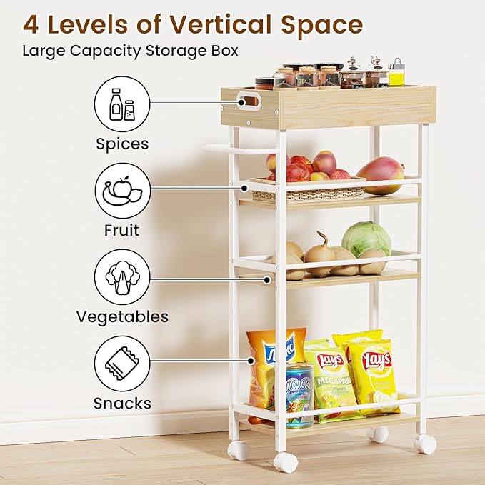 Slim Storage Cart, 4 Tier Rolling Cart with Handle, Kitchen Cart on Wheels, Metal Frame Narrow Cart for Small Spaces for Dining Room, Bathroom, Laundry Room, Office White