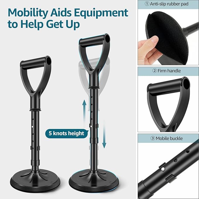 Mobility Tool Standing Aid Device Adjustable Standup Helper to Help Get Up from Floor and Ground Metal Senior Lift Assist Device Elderly Standing Helper Support Tool for Seniors(Black)
