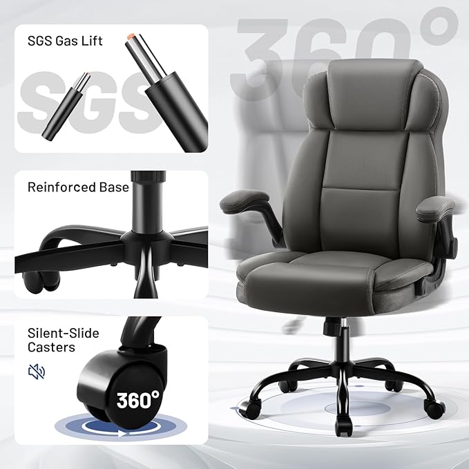 Ergonomic Office Chair with High Back Headrest, PU Leather Executive Desk Chair - Padded Flip-Up Armrests, Lumbar Support, Swivel Computer Chair for Home Office & Gaming, Gray