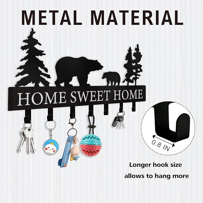 Personalized Key Holder for Wall - Metal Bear Key Rack Wall Mounted with Hooks - Key Holder Hooks Organizer Coat Rack - Animal Theme Hooks Sweet Home Decor for Storage, Hallway, Bedroom, Office