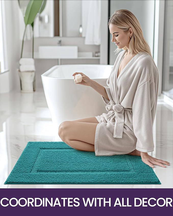 DEXI Bathroom Rugs 32x20, Washable Non Slip Bath Mat for Shower Floor, Absorbent Quick Dry Bathmat with Rubber Backing, Ultra Soft Plush Carpet for Tub, Teal