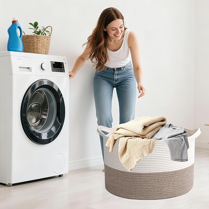 Large Storage Basket with Handle,19.7" L x 19.7" W x 13" H Blanket Basket Storage Bins for Organizing,65L Cotton Rope Woven Baskets for Living Room, Nursery ,Bedroom,White&Brown