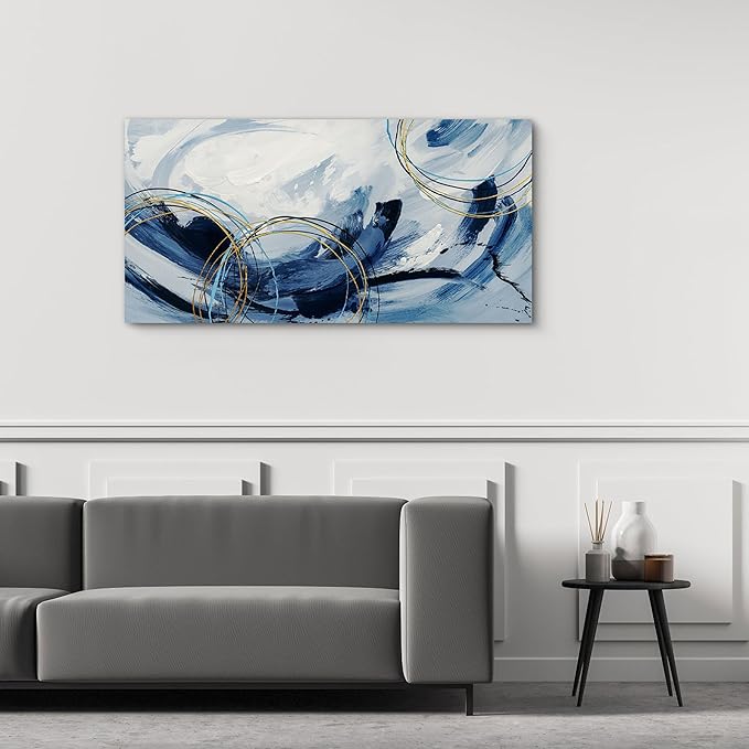 yiijeah Large Canvas Wall Art for Living Room - Blue and White Abstract Picture Framed Artwork for Walls Bohemian Minimalism Prints Paintsings Wall Decor for Office Bedroom 40x20 Inches