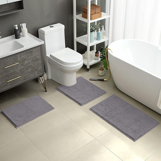 HOMEIDEAS 3 Pieces Bathroom Rugs, Ultra Soft Non Slip Absorbent Chenille Toilet Bath Mat Set (Grey)