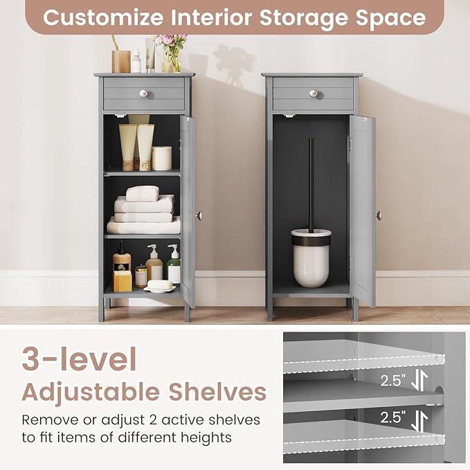 GLACER Floor Storage Cabinet, Multifunctional Bathroom Storage Cabinet with 2 Adjustable Shelves, Ideal for Bathroom, Living Room, 14 x 12 x 34.5 inches (Grey)