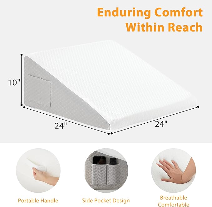 Wedge Pillow for Acid Reflux, Bed Wedge Pillow for Headboard 10", Pillow Wedge for Back Pain Relief, Post Surgery, Elevated Pillows for Sleeping, Snoring, Triangle Pillow with Cover, White