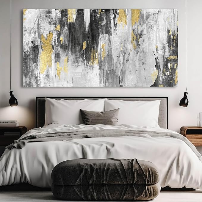 SOUGUAN Canvas Wall Art Gold Abstract Art Living Room Decor 30"x 60" Black and Grey Artwork Office Decor Large Paintings for Bedroom Home Decoration