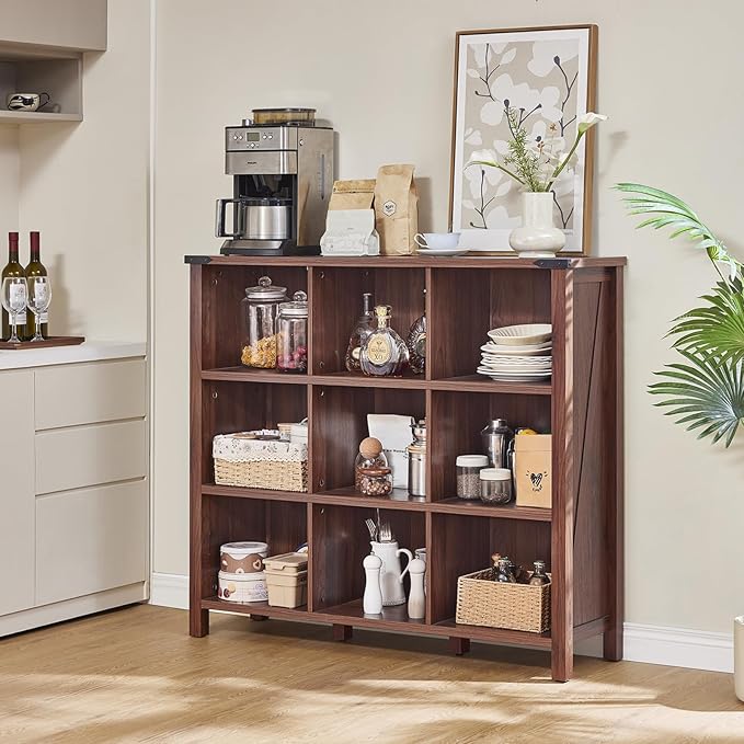9 Cube Bookcase, Farmhouse 47 Inch Wide Brown Walnut Bookshelf, Wooden 3 Tier Display Large Open Book Shelf, Vintage Horizontal Book Case for Home Office, Cubby Storage Cabinet for Living Room