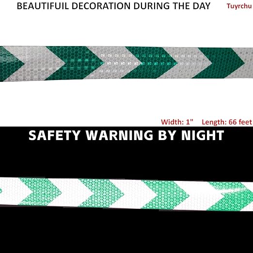 Green and White Reflective Tape Outdoor Waterproof 1 inch X 66 feet, High Visibility Hazard Conspicuity Industrial Marking Tape