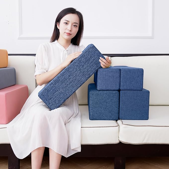 2 Pack Couch Arm Rest Pillow, 8''x8''x20'' Linen Cover, High Density Foam Armrest Cushion, Removable & Washable Elbow Support for Sofa, Bed, and Armchair (Indigo Blue)