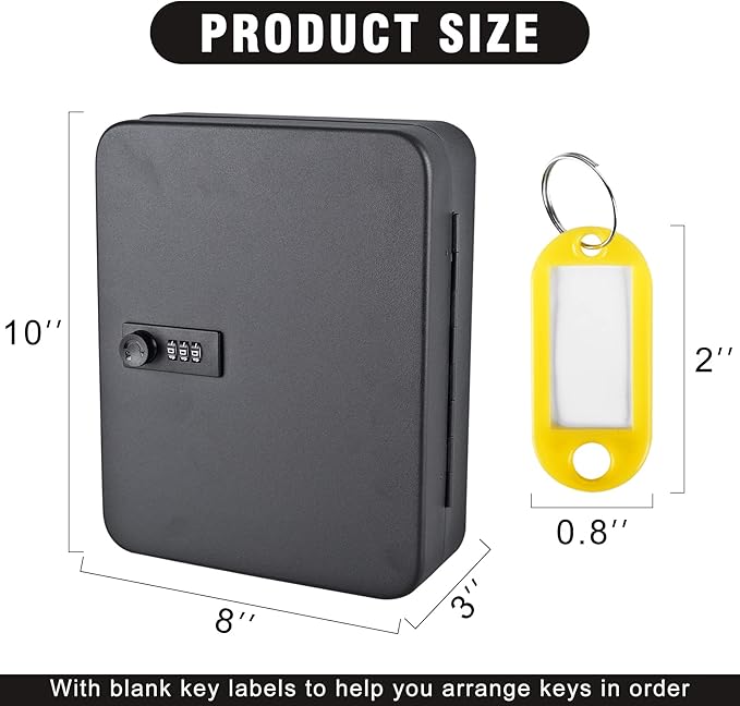 Kikerike Key Box Wall Mount, 48 Key Hooks & Tags, Steel Security Locking Key Cabinet, Storage Key Lock Box with Code, Key Management Cabinet with Combination Lock